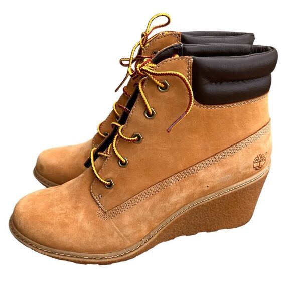 Timberland Amston 6 Inch Wheat Nubuck Wedge Heel Boots Size 8 - Picture 3 of 11